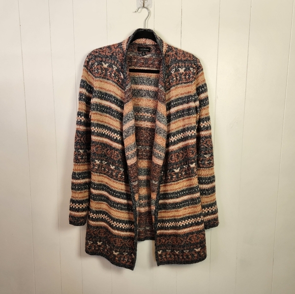 Lucky Brand Open Front Long Sleeve Cardigan Sweater Cotton Pink Blue Fair isle - Picture 1 of 8